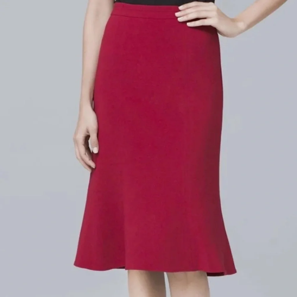 White House Black Market Red Midi Skirt Size 8 Career Chic Holiday Feminine Luxe